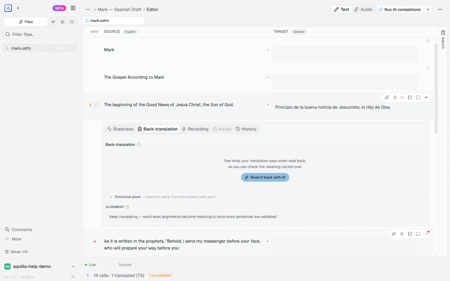 Animated: hovering an empty cell for Mark 1:2, clicking Translate with AI in the action rail, and the Spanish draft appearing in the target editor