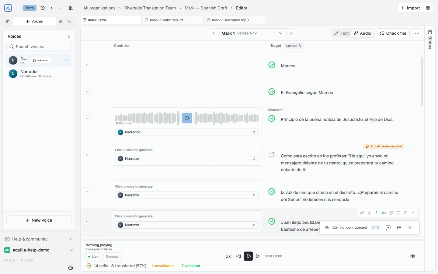 The workspace in the Audio tab: the sidebar shows the project's Voices, and each translated cell shows a voice selector reading Click a voice to generate; untranslated cells read Translate to voice this line