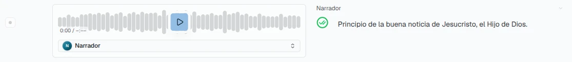 A cell after generating audio: a waveform with a play button sits above the voice selector; selecting the cell adds crop and volume controls, and the playback bar waits at the bottom of the workspace
