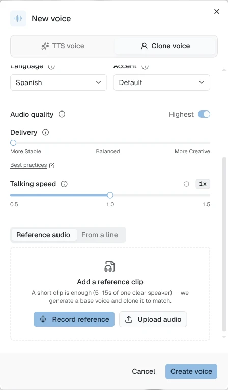 The new-voice dialog on its Clone voice tab: a Reference audio / From a line switch, and an Add a reference clip box with Record reference and Upload audio buttons