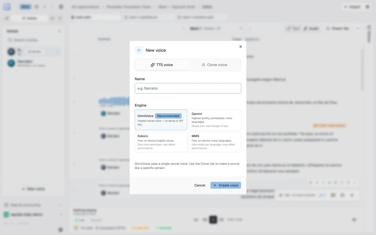 The new-voice dialog with TTS voice and Clone voice tabs, a name field, and four engine choices: OmniVoice (recommended), Gemini, Kokoro, and MMS