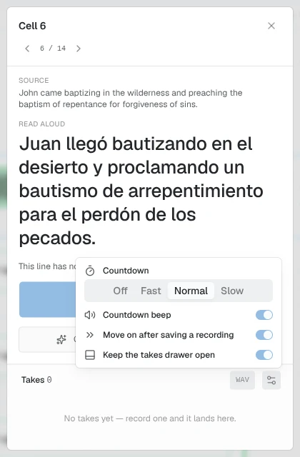 The recorder's settings popover over the Record audio prompter: a Countdown control with Off, Fast, Normal (selected) and Slow, then switches for Countdown beep, Move on after saving a recording, and Keep the takes drawer open