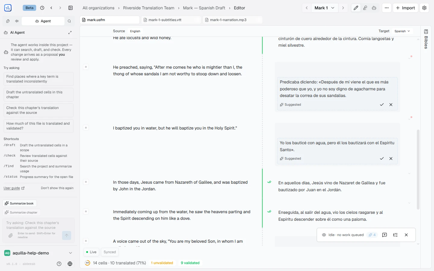 The Agent dock panel open beside the editor: an empty-state message reading 'The agent works inside this project — it can search, draft, and check. Every change arrives as a proposal you review and apply.', Try asking suggestions, the slash-command shortcut list, Summarize book and Summarize chapter buttons, and the composer