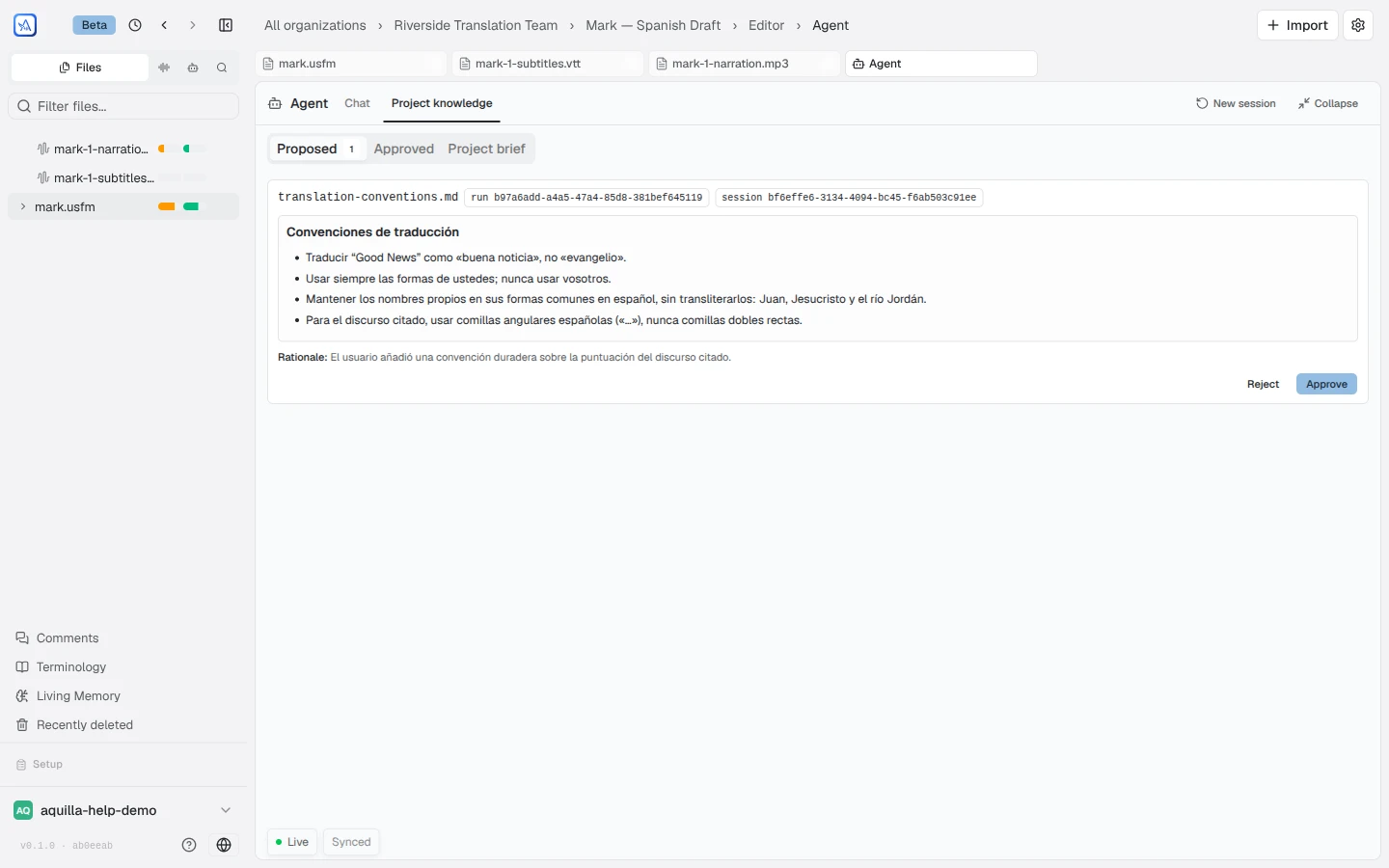 The Project knowledge tab's Proposed view with a translation-conventions note awaiting review: its content, the agent's rationale, and Reject and Approve buttons