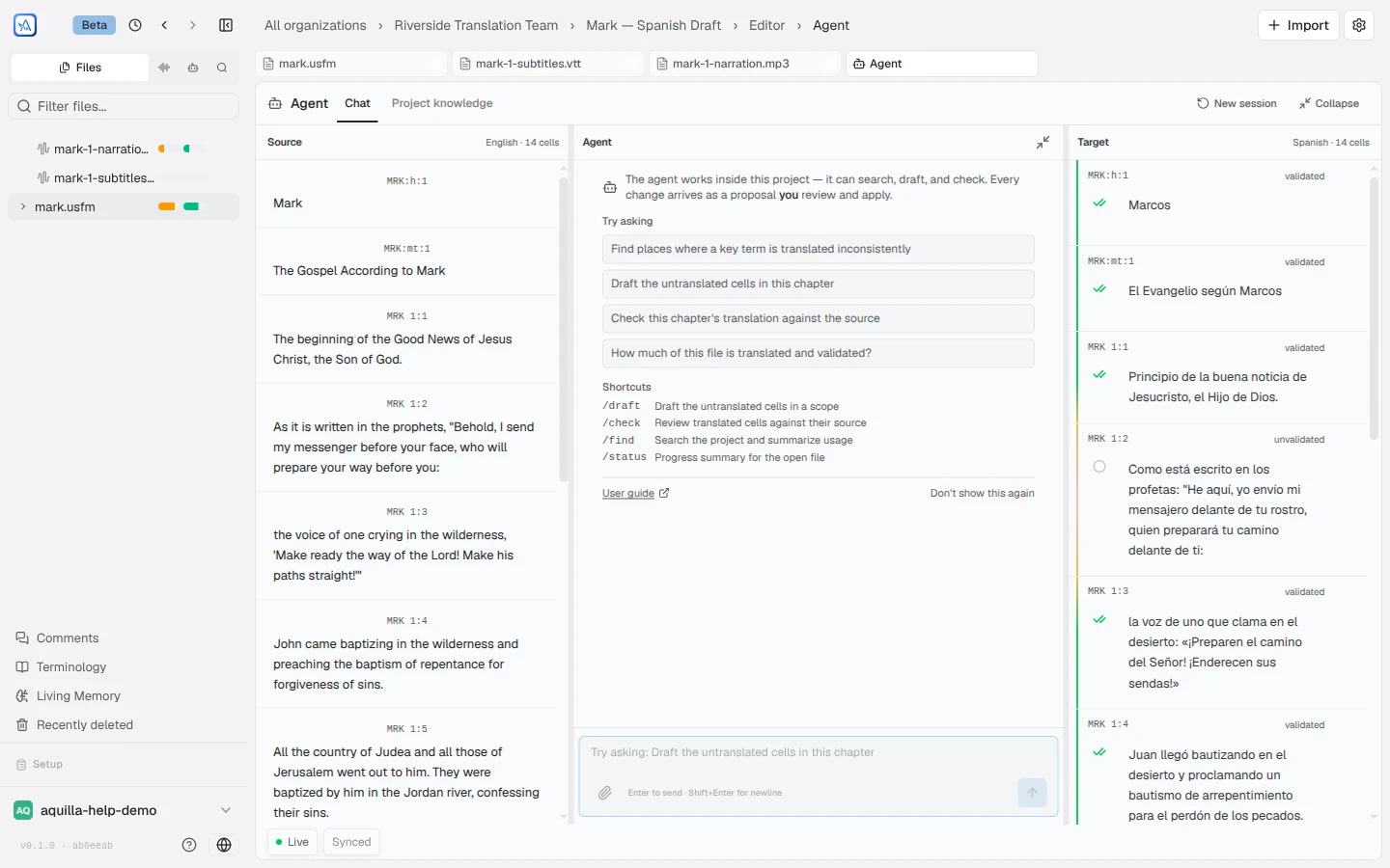 The agent open as an Agent tab in the editor's tab strip, with Chat and Project knowledge tabs, source cells in a pane on the left, target cells on the right, and the propose-and-review empty state between them