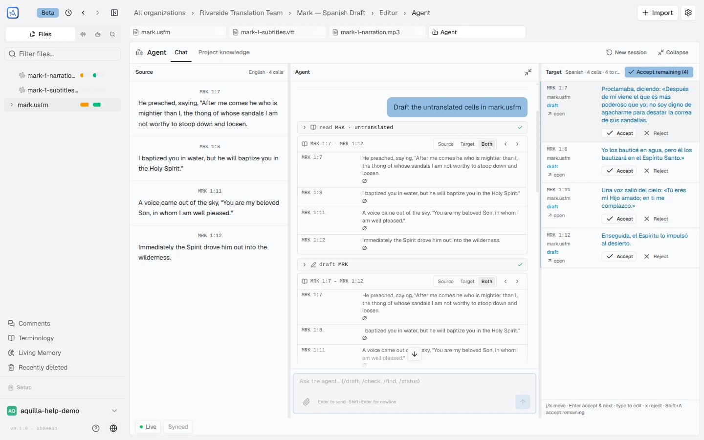 The working set in the Target pane beside the agent chat: four drafted verses, each naming its file (mark.usfm) and showing the proposed Spanish draft with Accept and Reject buttons, source text in its own pane on the left, and an Accept remaining (4) button at the top