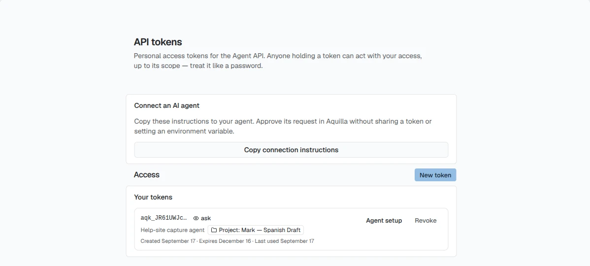 The API tokens page in Preferences: a Connect an AI agent card with a Copy connection instructions button above the Access section, a New token button, and a Your tokens list holding one Ask-mode token scoped to Mark — Spanish Draft, with Agent setup and Revoke buttons