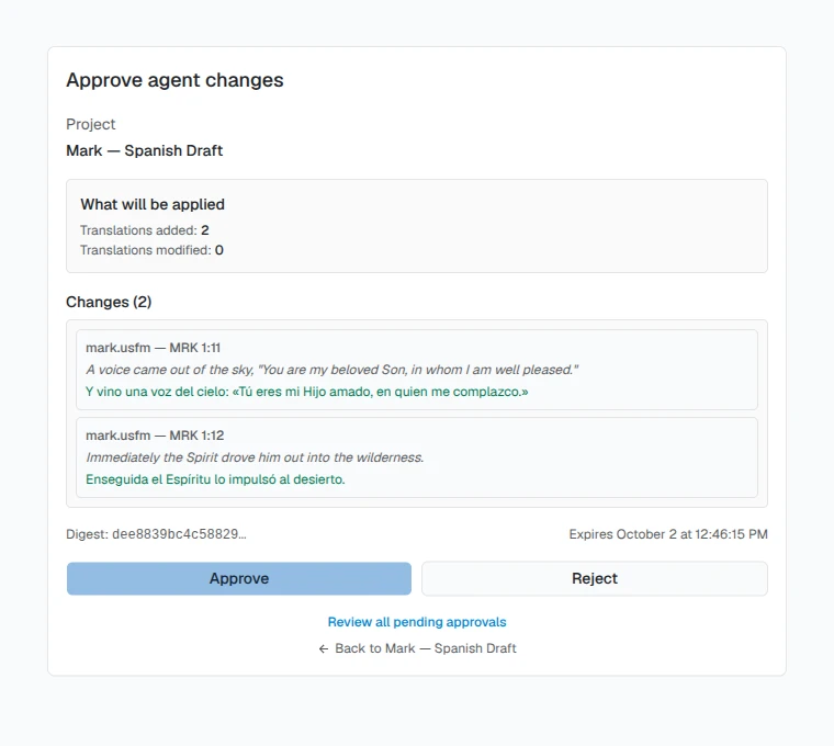 The Approve agent changes page for the Mark — Spanish Draft project: a What will be applied box reading Translations added: 2 and Translations modified: 0, a Changes (2) list showing MRK 1:11 and MRK 1:12 with the English source in italics and the proposed Spanish below each, a digest, an expiry time, and Approve and Reject buttons