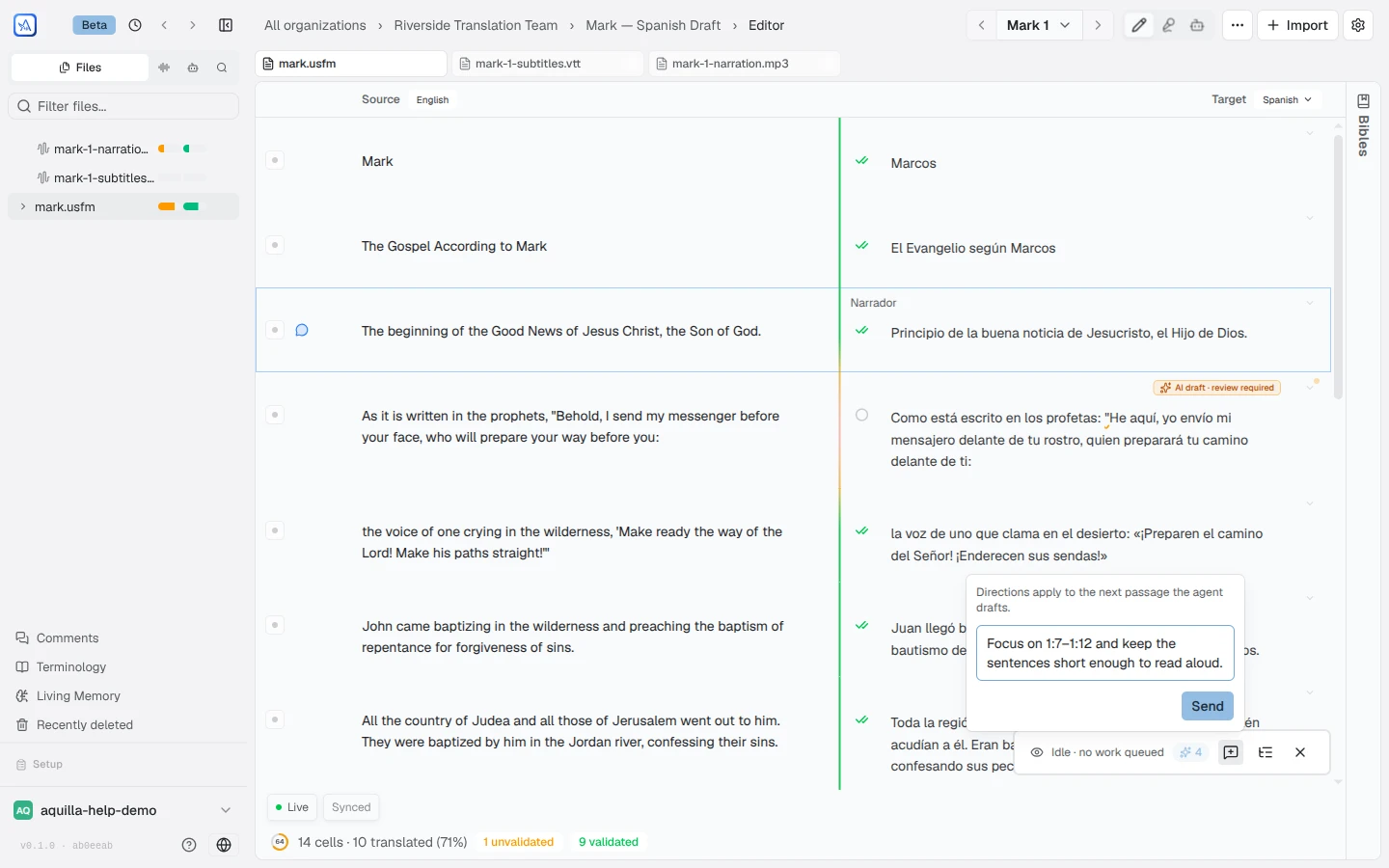The Direct the run popover open on the editor's autopilot control, with a Direction for the agent text box containing an instruction about verses 1:7 to 1:12 and a Send button