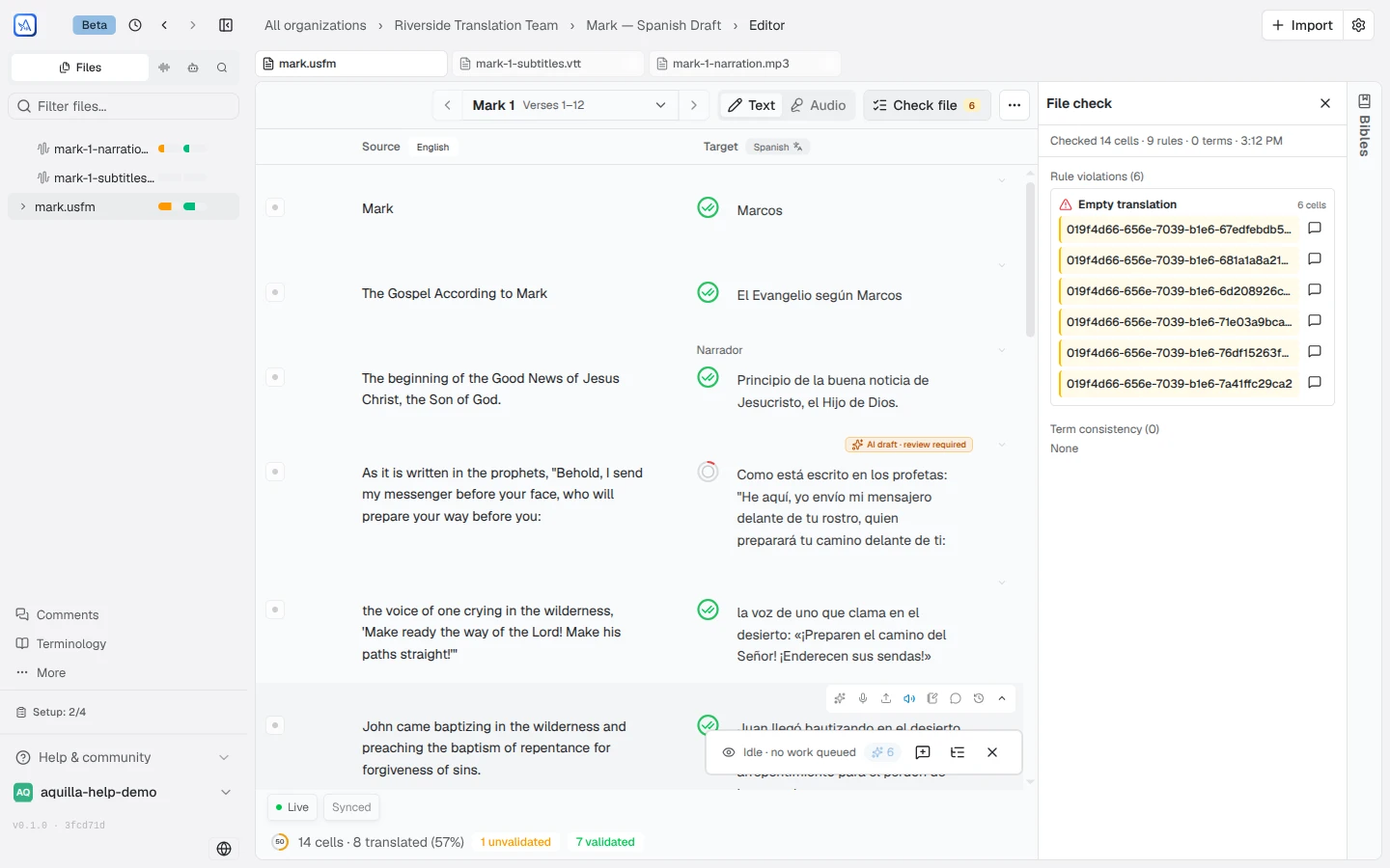 The File check panel open beside the editor after running Check file, its header reading Checked 14 cells · 9 rules · 0 terms, with a Rule violations list and a Term consistency section