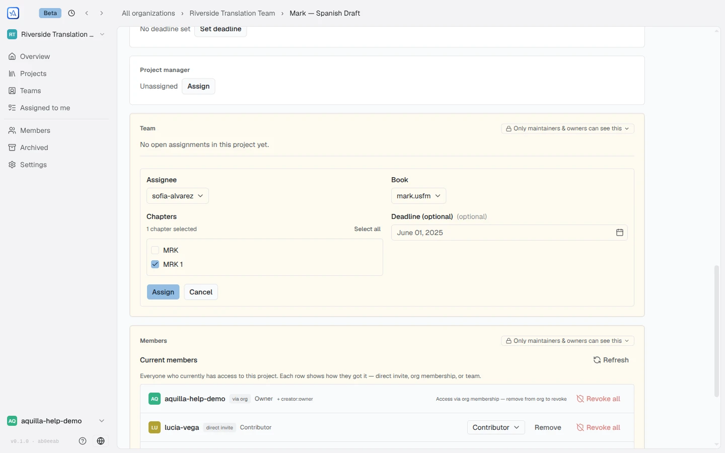 The Assign work form on a project's Team card: sofia-alvarez selected as assignee, mark.usfm as the book, the MRK 1 chapter checked, an optional deadline field, and Assign and Cancel buttons