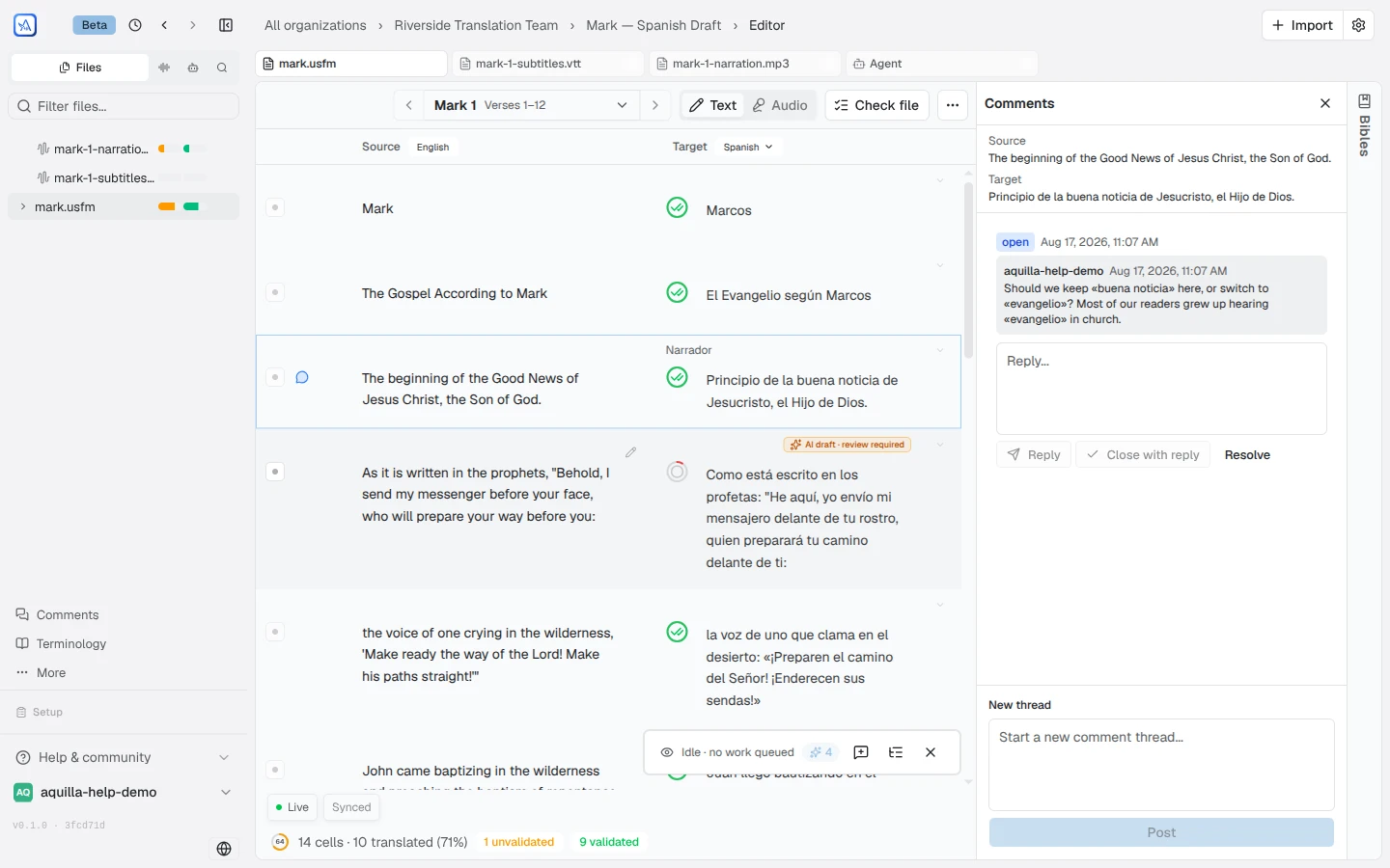 The comments panel open beside the editor with a new thread on MRK 1:1 asking a wording question, and the comment icon showing in that cell's gutter