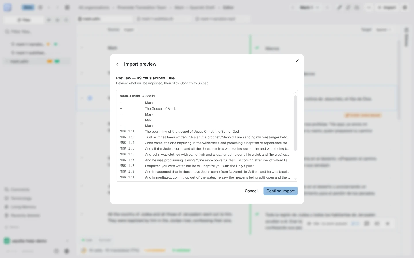 The import preview reading Preview — 49 cells across 1 file, listing each cell's reference (MRK 1:1, MRK 1:2, and so on) and text, with Cancel and Confirm import buttons