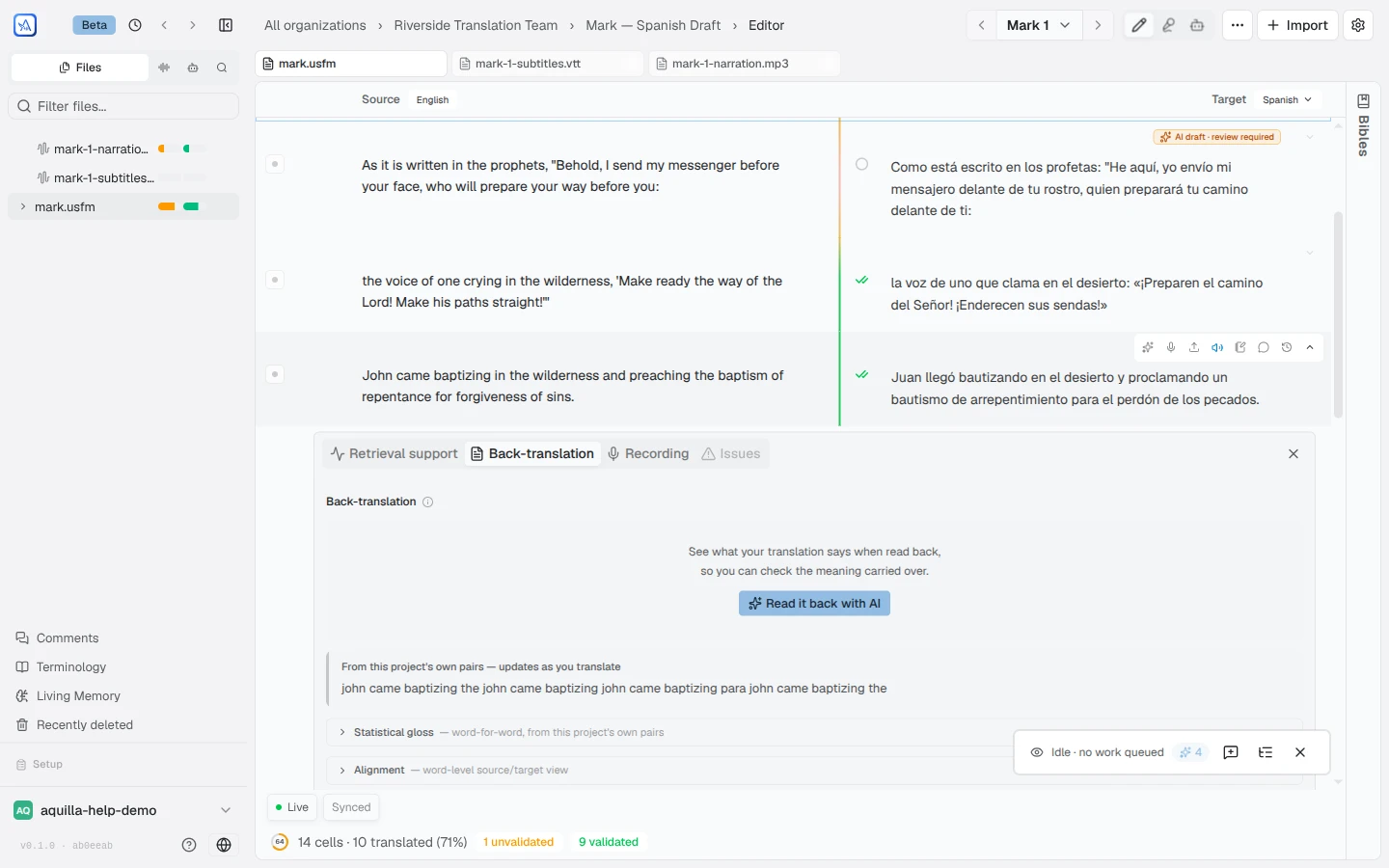 A cell expanded to show its detail panel with Retrieval support, Back-translation, Recording, and Issues tabs; the Back-translation tab offers a Read it back with AI button above the project's own word-for-word gloss and collapsed Statistical gloss and Alignment rows