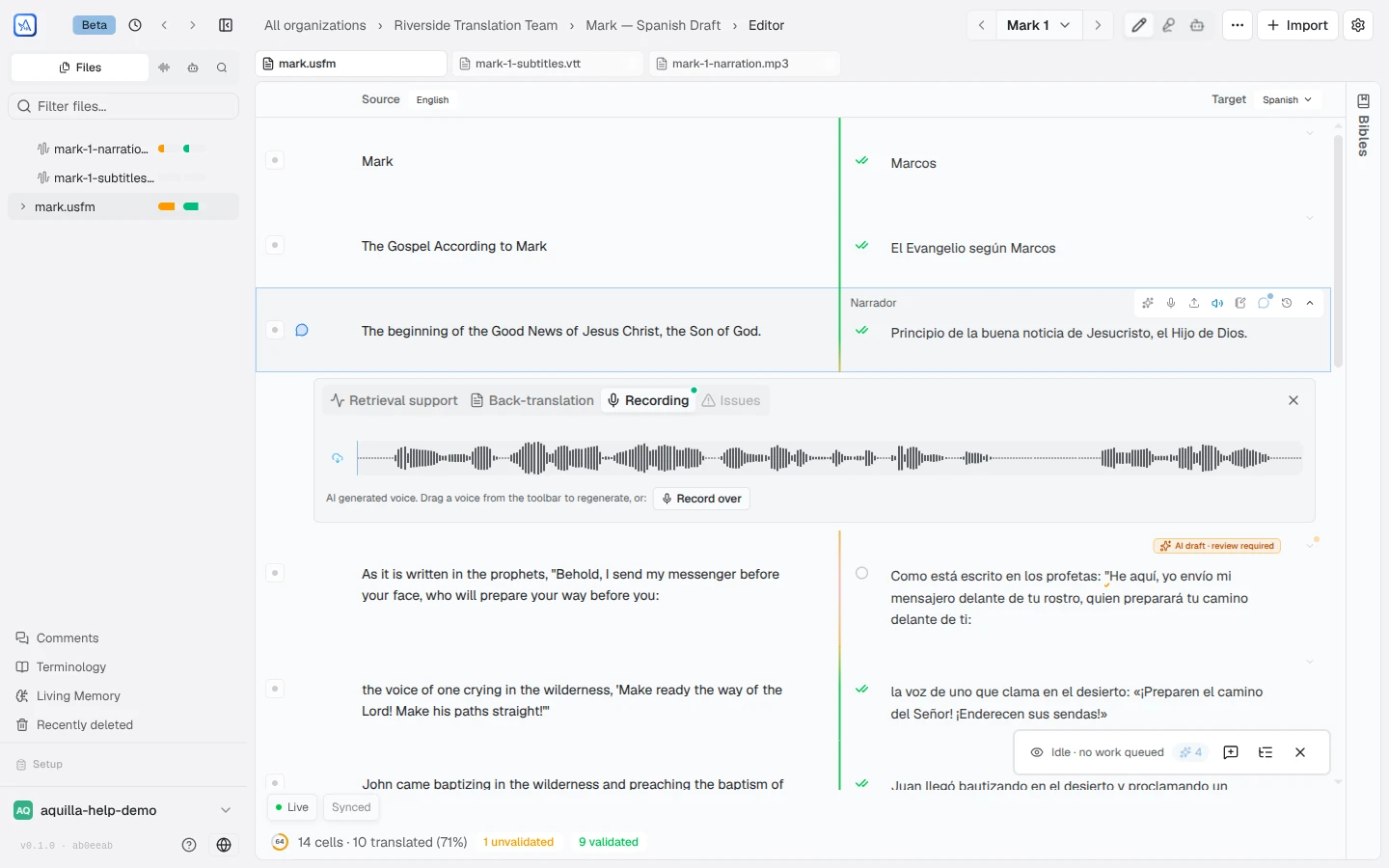 A cell's detail panel open on the Recording tab, showing the audio clip with a scrubber, a note that the audio is an AI generated voice, and a Record over button
