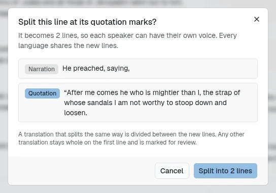 The Split this line at its quotation marks? dialog for Mark 1:7: It becomes 2 lines, so each speaker can have their own voice. Every language shares the new lines. Below it a Narration piece reading He preached, saying, and a Quotation piece reading the quoted words of the verse, then the note on how translations are divided or kept whole and marked for review, with Cancel and Split into 2 lines buttons
