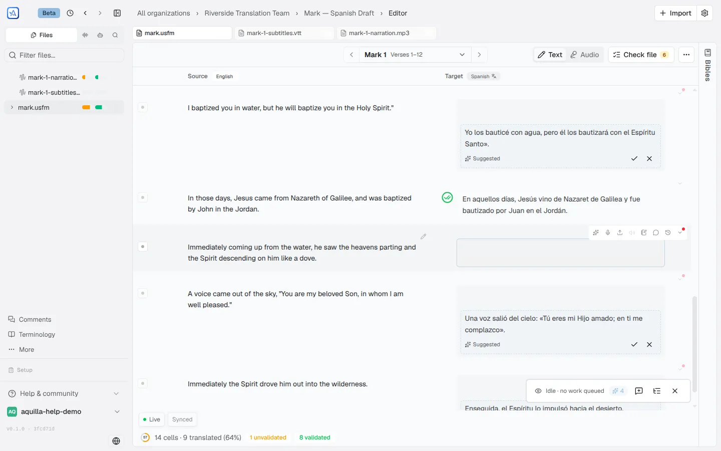 Animated: clicking into the empty Spanish target of Mark 1:10, typing the translation, then moving on: the footer counter updates to 10 translated