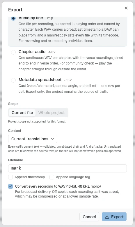 The Export dialog with Audio by line (.zip) selected among the audio formats, Scope set to Current file because project scope is not supported for this format, Content set to Current translations, the filename mark, and the ticked box Convert every recording to WAV (16-bit, 48 kHz, mono) with its hint: for broadcast delivery, while off copies each recording as it was saved