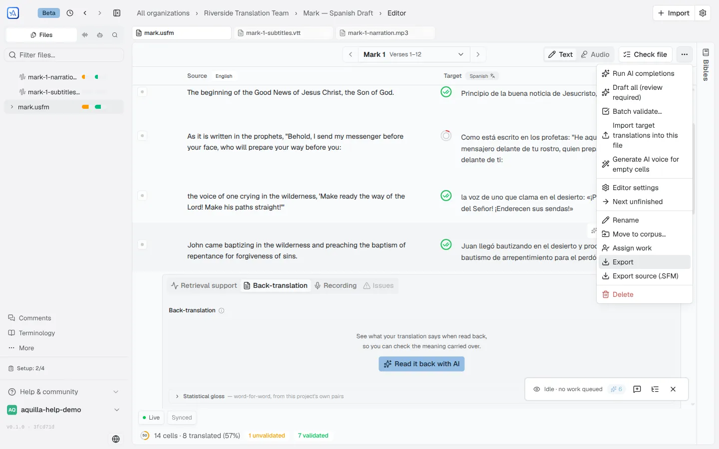 Animated: the Export dialog with a primary Download mark.SFM button captioned 'USFM — your file in its original format, with current translations', then its Export to another format section expanded to show the format list with a format selected