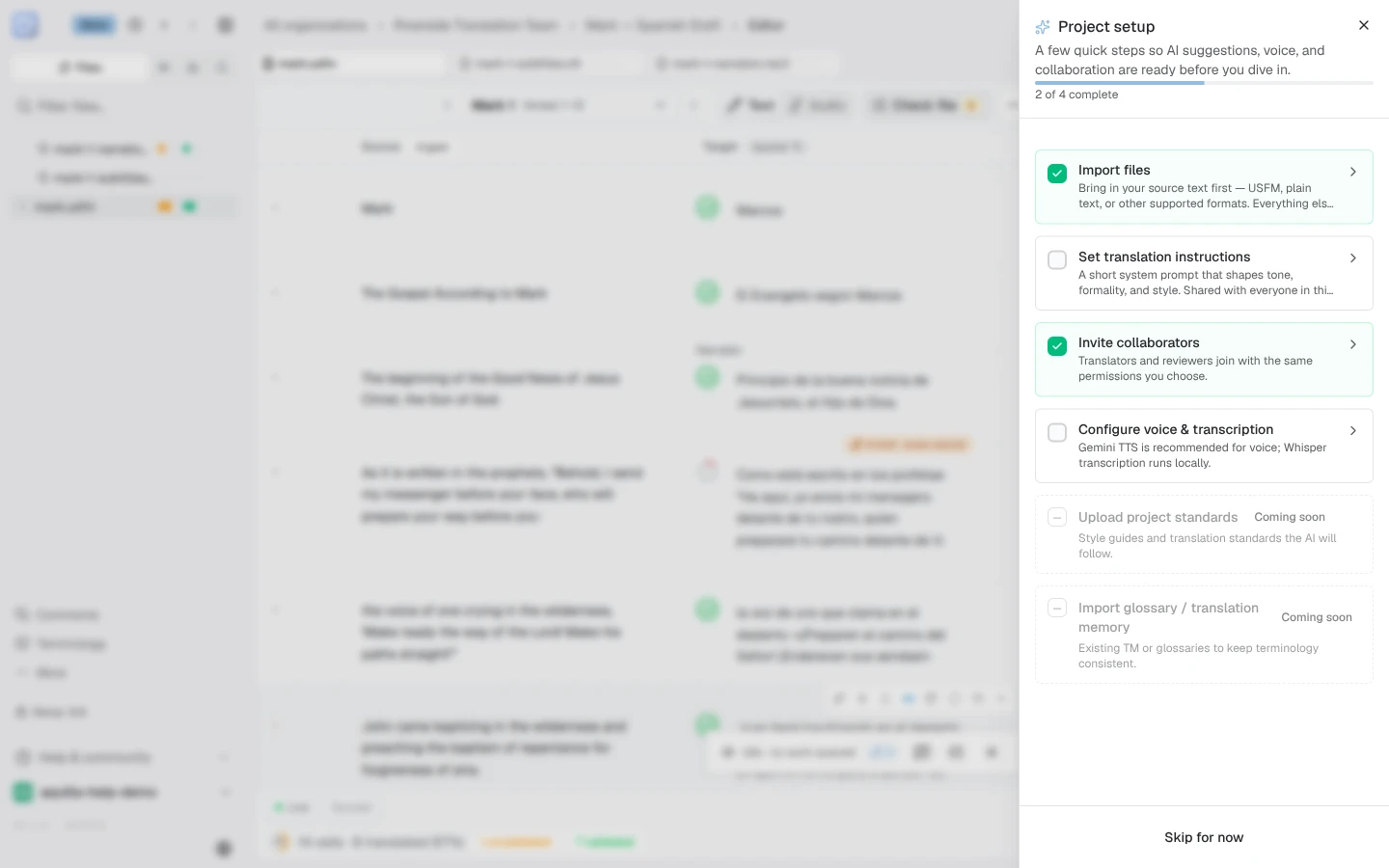 The Project setup drawer with four steps (Import files, Set translation instructions, Invite collaborators, and Configure voice & transcription), a progress bar reading 2 of 4 complete, two greyed rows marked Coming soon, and a Skip for now button at the bottom