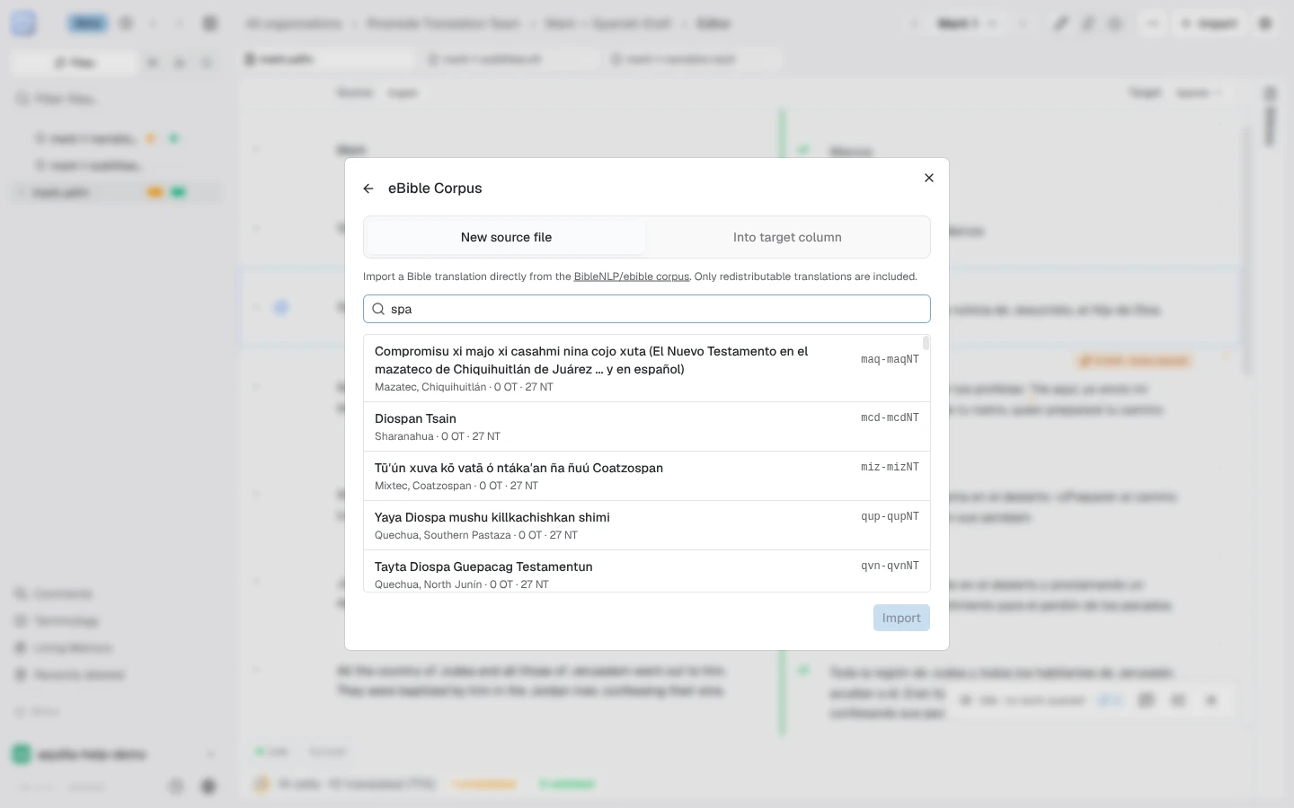 The eBible Corpus panel with New source file and Into target column tabs, a search box, and a filtered list of Spanish translations