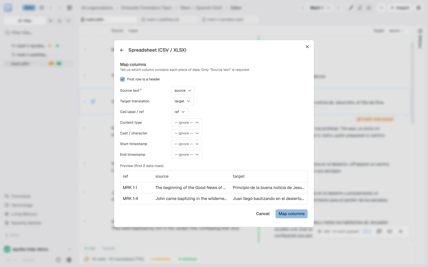 The spreadsheet Map columns step showing a preview of the uploaded CSV's ref, source, and target columns, mapping selects for each field, and a First row is a header checkbox