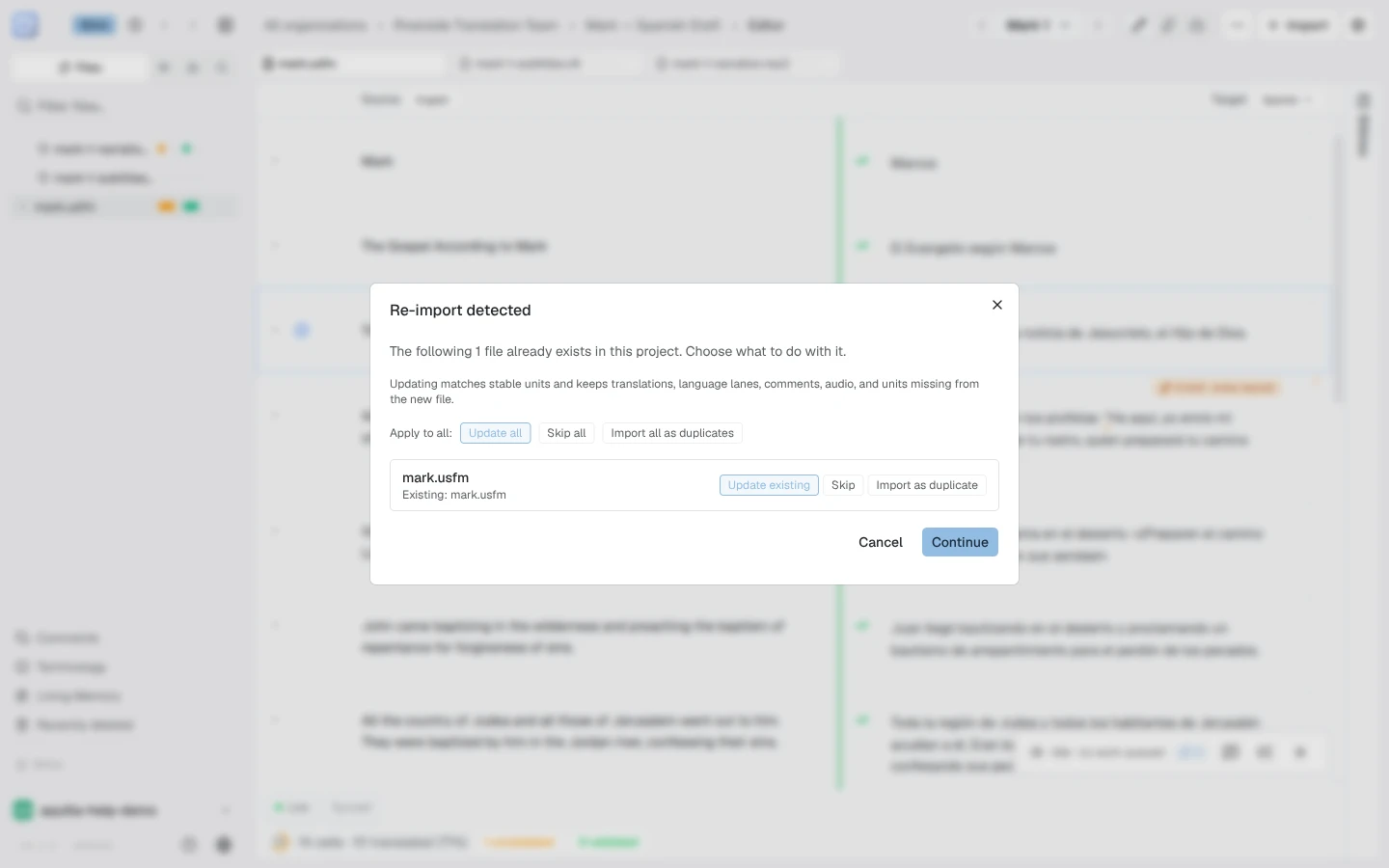 The Re-import detected dialog for mark.usfm with Update existing, Skip, and Import as duplicate choices per file, an Apply to all row, and Cancel and Continue buttons