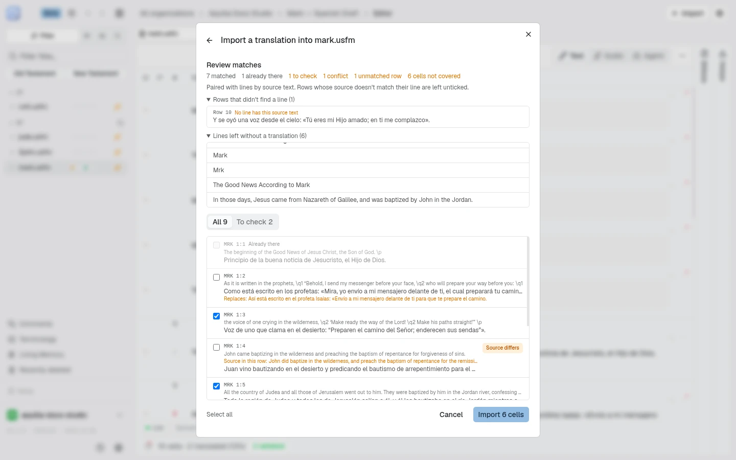 The Review matches step of Import a translation into mark.usfm, paired by source text: a summary strip of 7 matched, 1 already there, 1 to check, 1 conflict, 1 unmatched row, and 6 cells not covered; Row 10 under Rows that didn't find a line with the reason No line has this source text; the Lines left without a translation list; and rows for MRK 1:1 dimmed as Already there, MRK 1:2 with a Replaces: line, and MRK 1:4 unticked with a Source differs pill and the row's own source text, above Select all, Cancel, and Import 6 cells