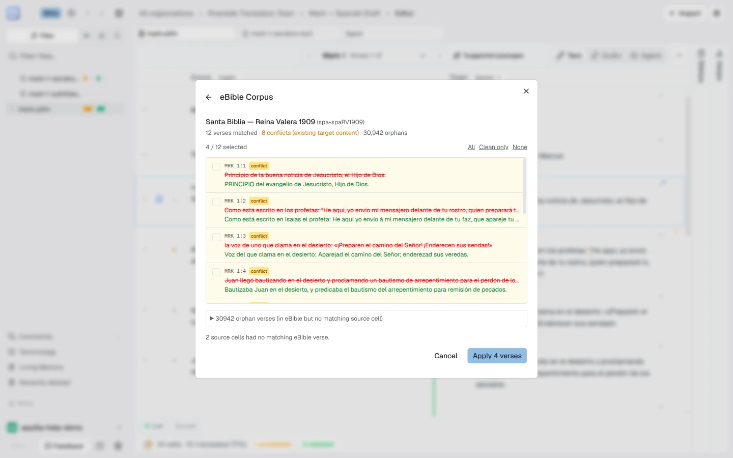 The eBible Review matches step: 12 matched verses listed with conflicts tagged, existing target text struck through above the incoming text, and Cancel and Apply 4 verses buttons