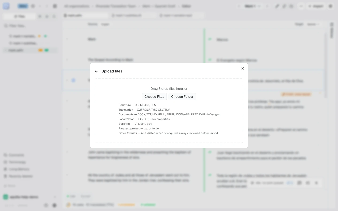 The Upload files panel with Choose Files and Choose Folder buttons above the format list: Scripture, Translation, Documents, Localization, Subtitles, Paratext project, and Other formats
