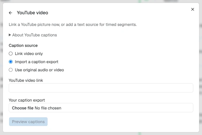 The YouTube video import panel with the Caption source choices Link video only, Import a caption export (selected), and Use original audio or video, a YouTube video link field, a Your caption export file picker, and a Preview captions button