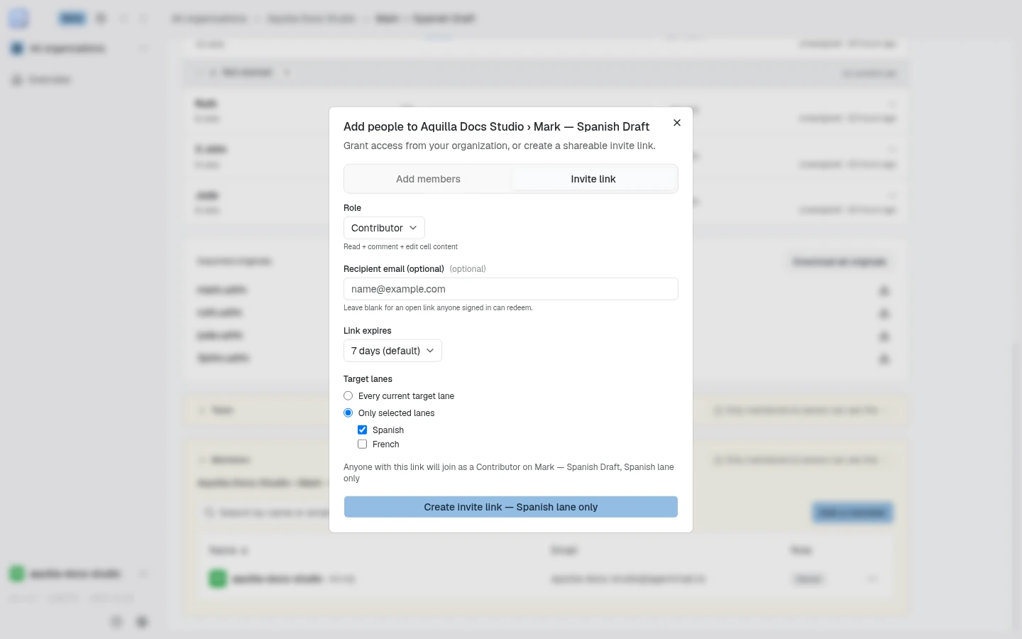 The Add people to Aquilla Docs Studio › Mark — Spanish Draft dialog on its Invite link tab: Role set to Contributor, an empty Recipient email (optional) field, Link expires set to 7 days (default), Target lanes with Only selected lanes picked and Spanish ticked, the sentence "Anyone with this link will join as a Contributor on Mark — Spanish Draft, Spanish lane only", and a Create invite link button limited to the Spanish lane