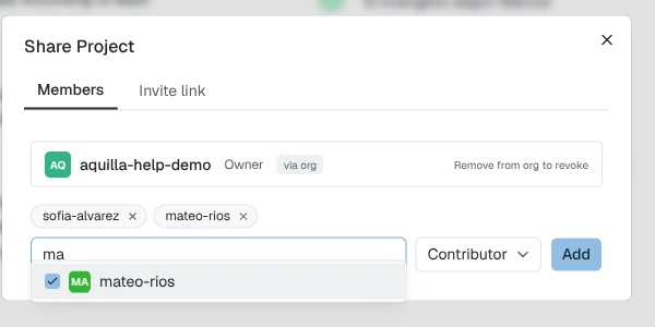 The Share Project dialog on its Members tab: two selected people collected as removable chips above the search box, a search in progress showing a matching person with a checked checkbox and avatar, a role picker set to Contributor, and an Add button