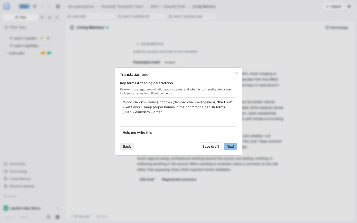 The Translation brief builder open on the Key terms & theological tradition step, with the project's key-term decisions filled in, a Help me write this button, and Back, Save draft, and Next controls