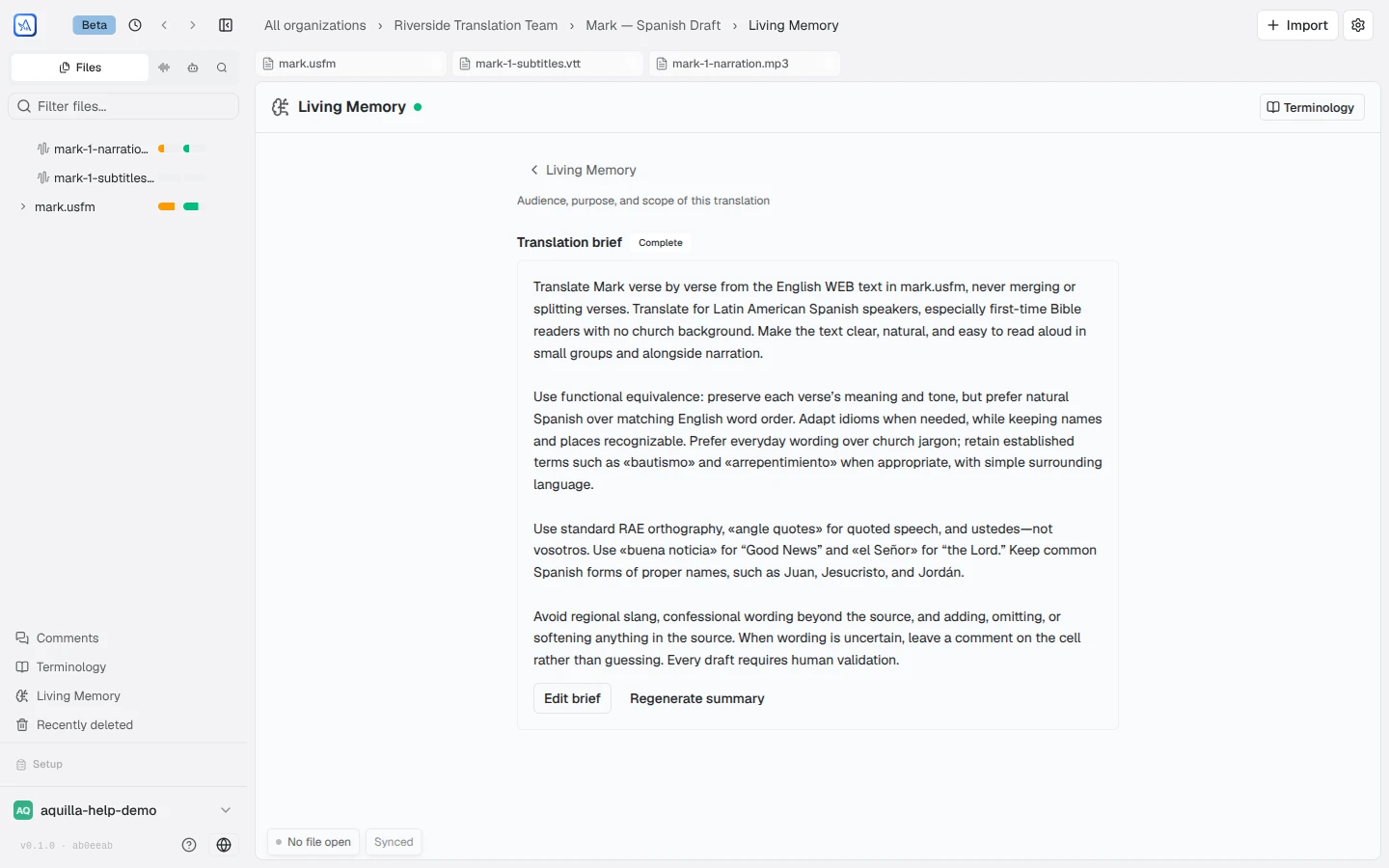 The Brief section marked complete, showing the generated summary paragraph with its translation decisions, and Edit brief and Regenerate summary buttons