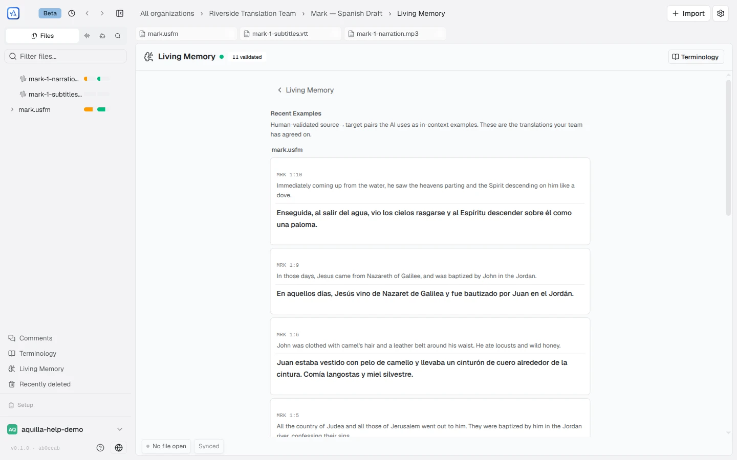 The Recent Examples section listing validated verse pairs from mark.usfm, each showing the English source above its approved Spanish translation