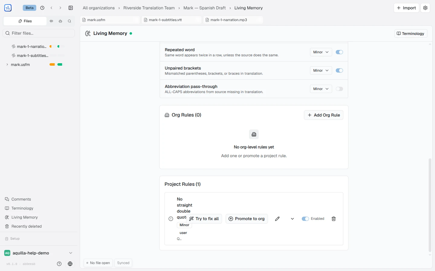 The Org Rules and Project Rules lists: org rules empty, and one project rule named No straight double quotes with Try to fix all, Promote to org, and Enabled controls