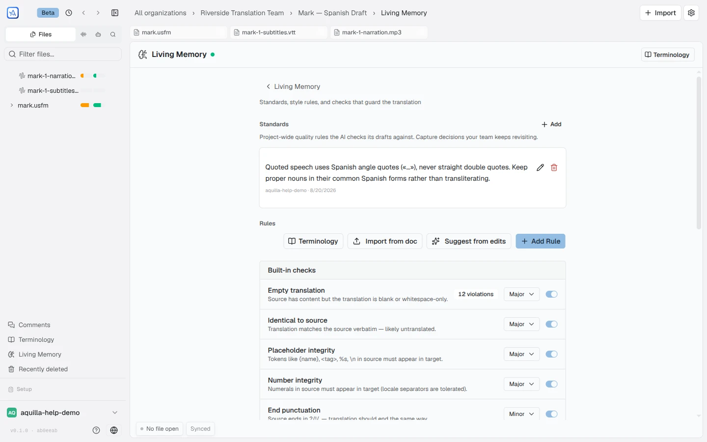 The Translation quality section: a Standards entry about angle quotes and proper nouns, a Rules toolbar with Terminology, Import from doc, Suggest from edits, and Add Rule buttons, and the Built-in checks list with severity menus and toggles