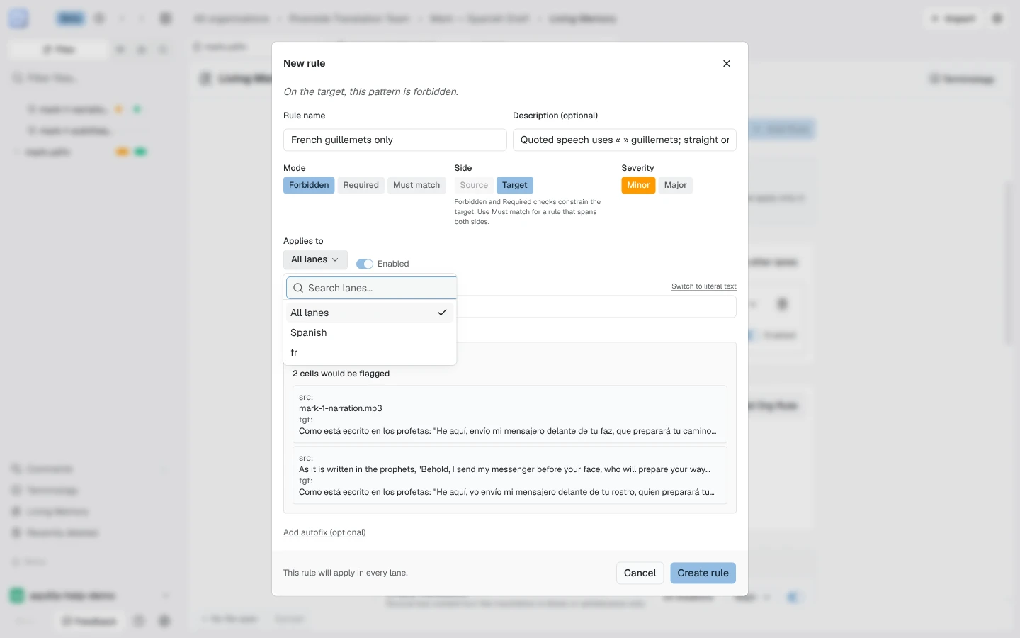 The New rule dialog with its Applies to picker open, showing a Search lanes… field above All lanes, Spanish, and fr, beside the Mode, Side, and Severity controls and a live preview of the cells the rule would flag
