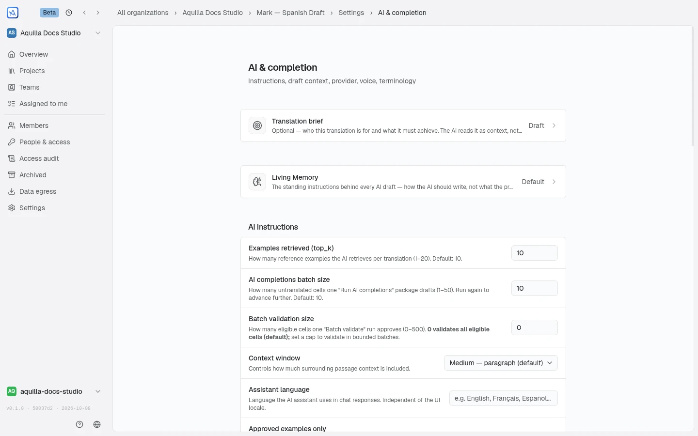 Project Settings open on the AI & completion pane: the Translation brief row first, with its Draft status on the right, then the Living Memory row marked Default, then the start of the AI Instructions settings