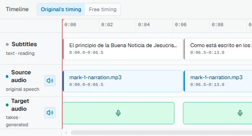 The timeline toolbar's timing-mode control with Original's timing selected and Free timing beside it, above the Subtitles, Source audio, and Target audio tracks