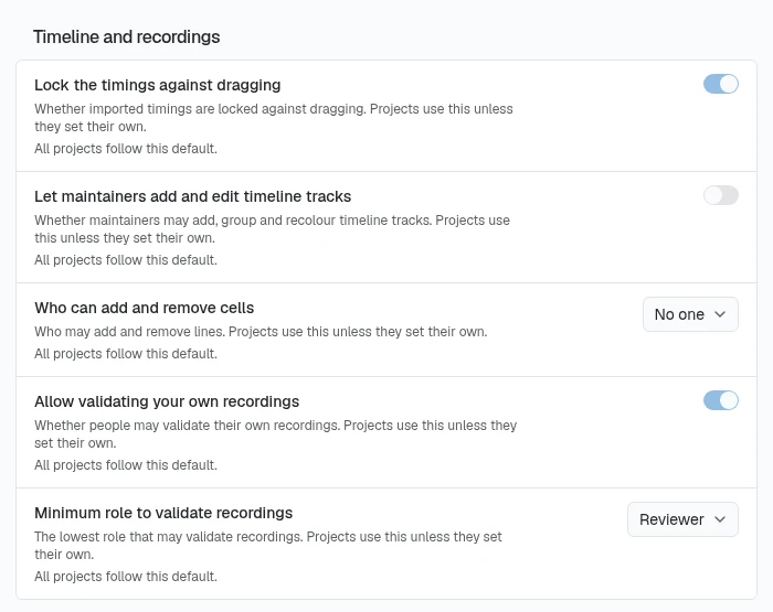 The Timeline and recordings group on the Project defaults page, five rows each reading All projects follow this default: Lock the timings against dragging (on), Let maintainers add and edit timeline tracks (off), Who can add and remove cells set to No one, Allow validating your own recordings (on) and Minimum role to validate recordings set to Reviewer