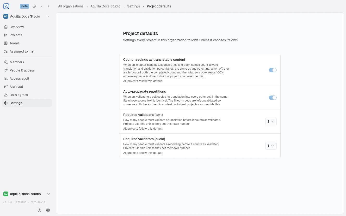 The Project defaults page in Aquilla Docs Studio's organization settings, headed by the line that settings every project follows unless it chooses its own, with four rows: Count headings as translatable content (on), Auto-propagate repetitions (on), Required validators (text) set to 1 and Required validators (audio) set to 1, each of the last two reading All projects follow this default