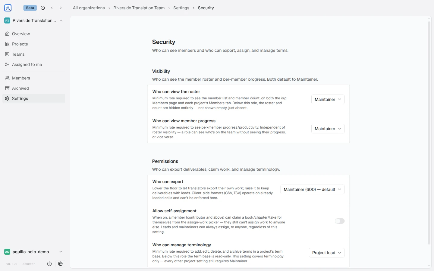 The Security settings page with Visibility floors (Who can view the roster, Who can view member progress, both Maintainer) and Permissions (Who can export at Maintainer 600 default, an Allow self-assignment switch, Who can manage terminology at Project lead)