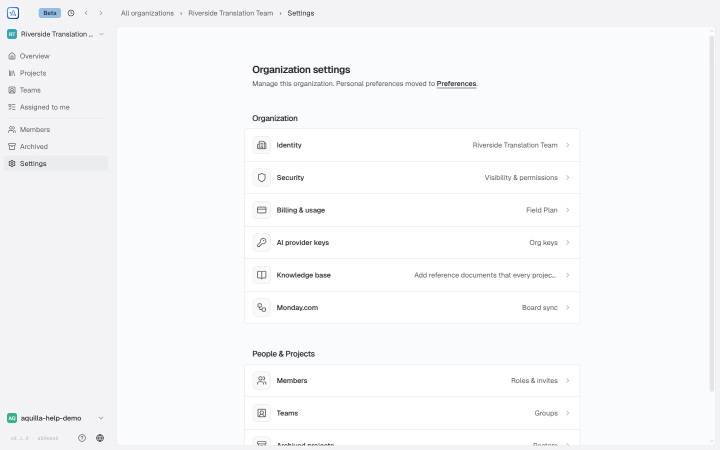The Organization settings index with an Organization group (Identity, Security, Billing & usage, AI provider keys, Knowledge base, Monday.com) and a People & Projects group (Members, Teams, Archived projects)