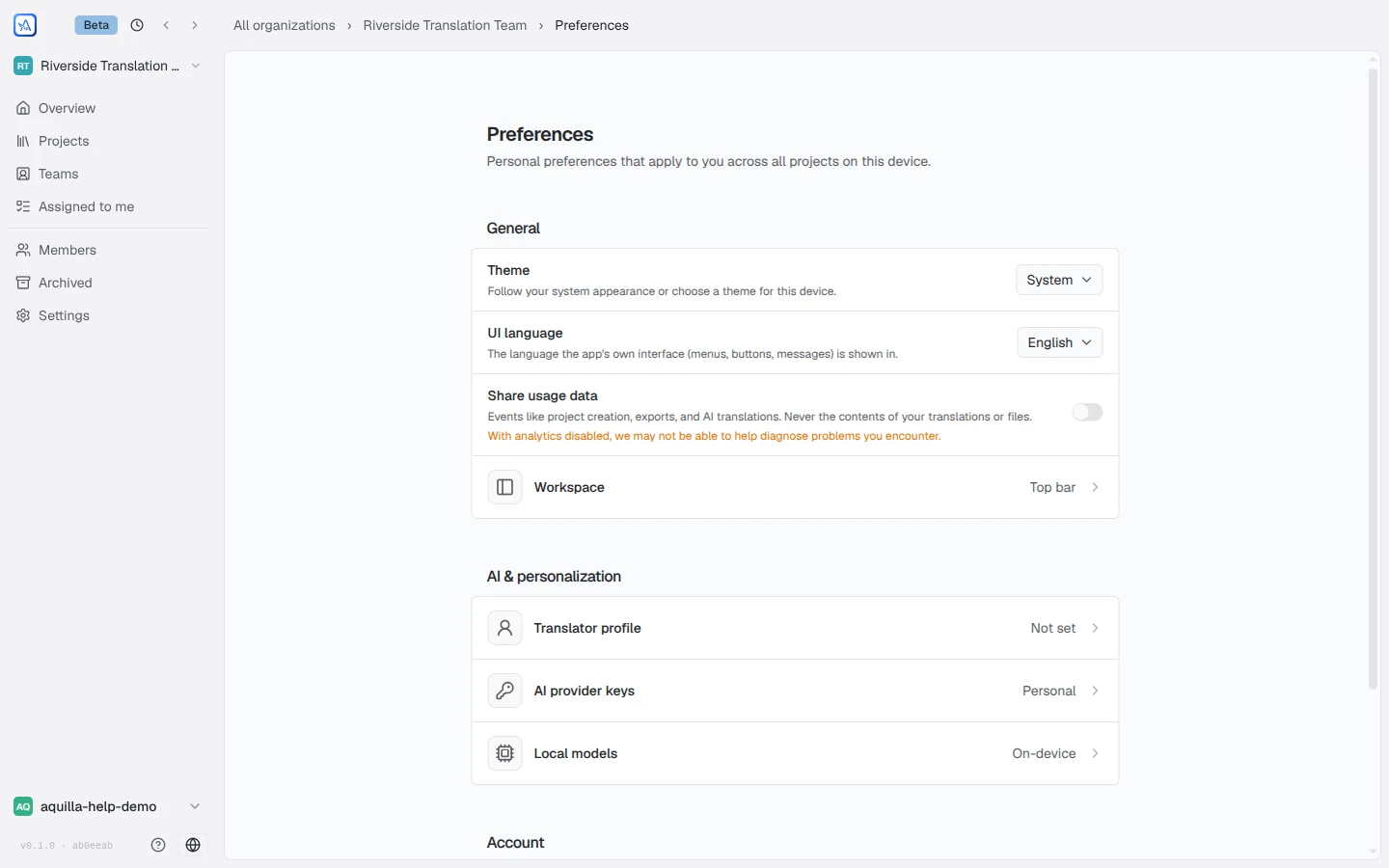 The Preferences page with a General section (Theme, UI language, Share usage data, Workspace), an AI & personalization section (Translator profile, AI provider keys, Local models), and an Account section (Usage, API tokens)