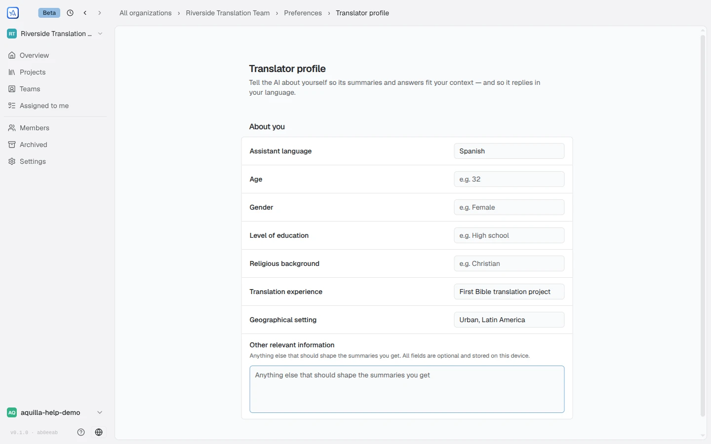 The Translator profile form with optional fields for assistant language, age, gender, education, religious background, translation experience, and geographical setting, filled in with Spanish, first project, and an urban Latin America setting