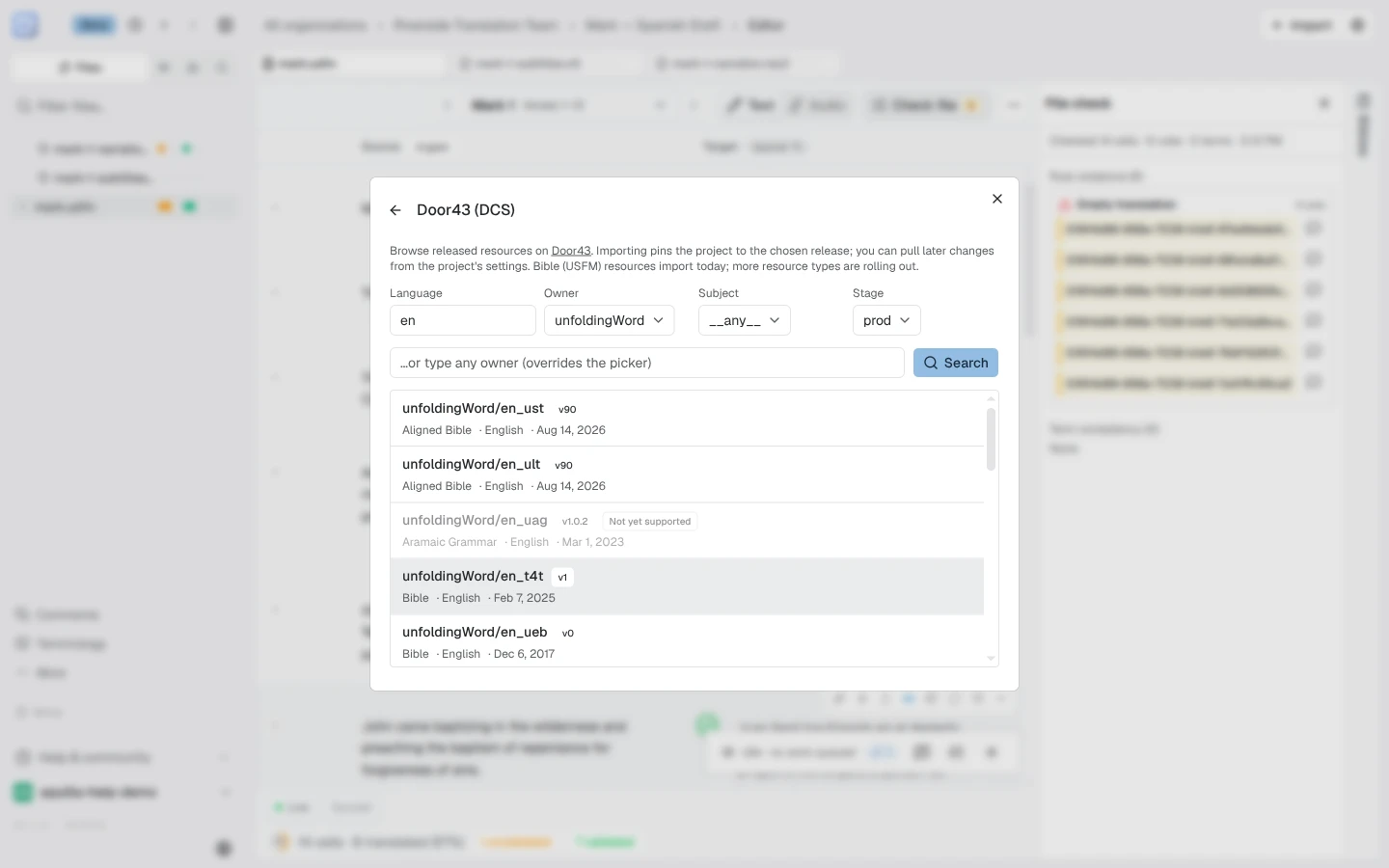 The Door43 (DCS) catalog browser in the Import dialog, with Language, Owner, Subject, and Stage filters above a list of released resources