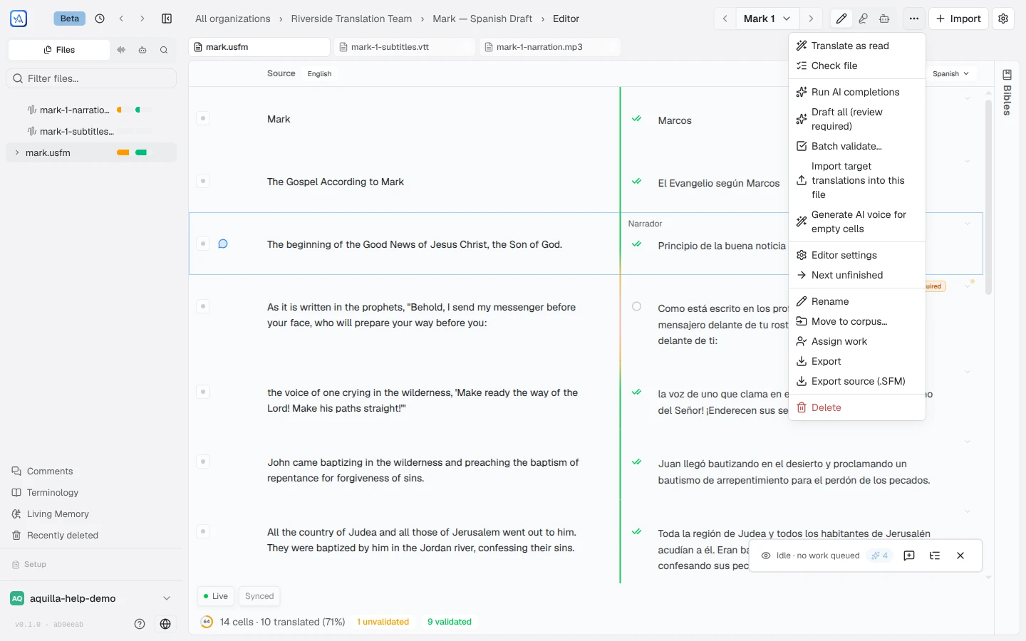 The file's ⋯ menu open over the editor, listing Translate as read, Check file, Run AI completions, Draft all (review required), Batch validate…, Import target translations into this file, Generate AI voice for empty cells, Editor settings, Next unfinished, Rename, Move to corpus…, Assign work, Export, Export source (.SFM), and Delete