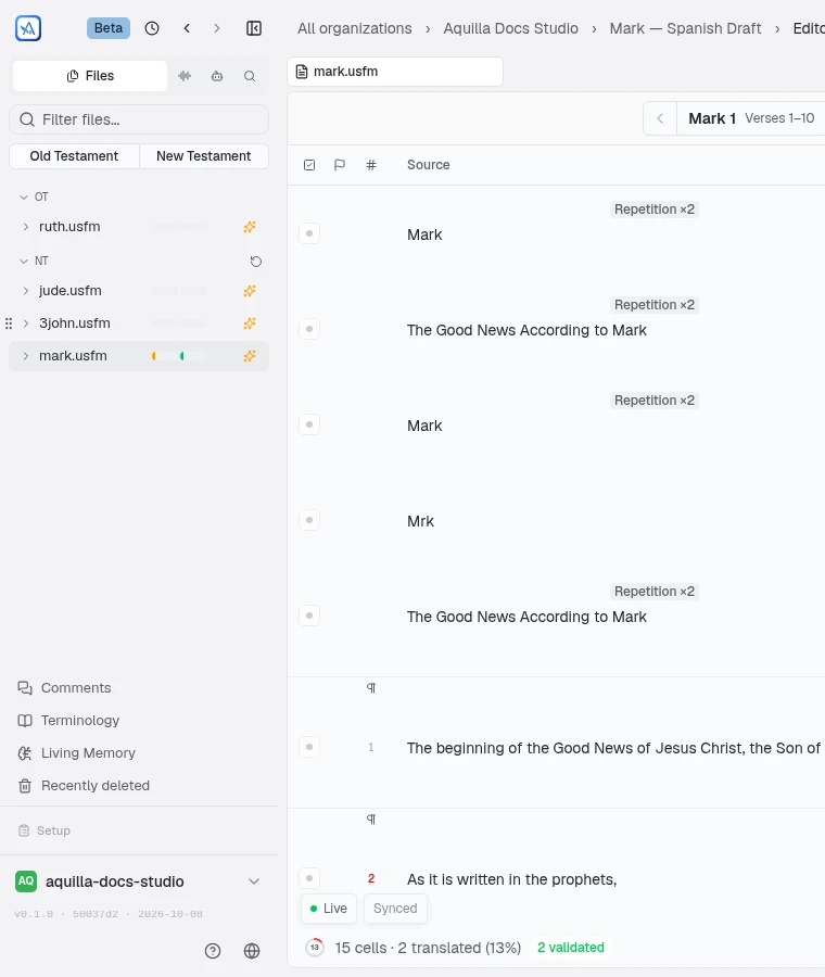 The editor's Files sidebar with Old Testament and New Testament buttons, ruth.usfm in the OT group, and the NT group holding jude.usfm, 3john.usfm, and mark.usfm, with the reorder grip showing beside 3john.usfm and a reset button on the NT group header